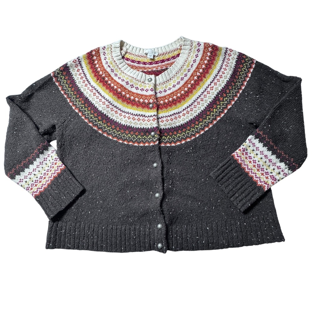 J. Jill Cardigan Women M Gray Fair Isle Button Up Cottagecore Nordic Sweater